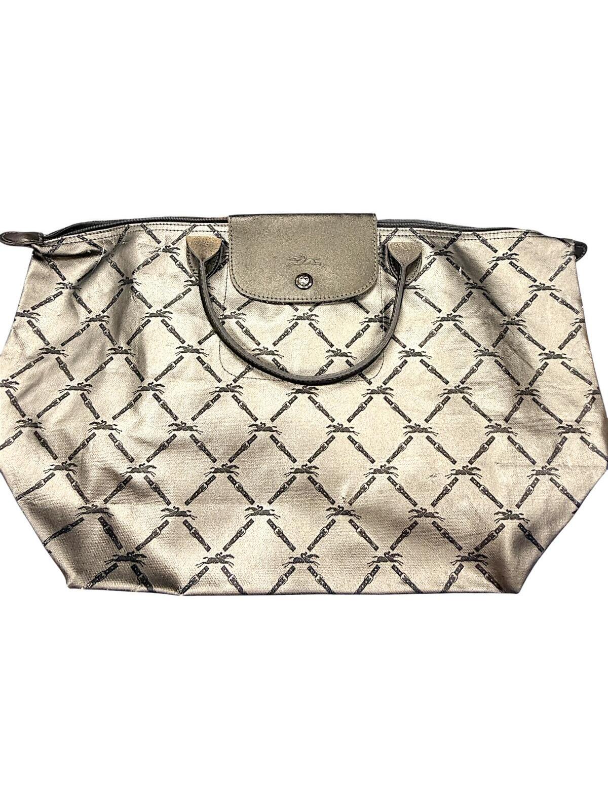 Longchamp Le Pliage Metallic Silver Horsebit Print Tote Bag